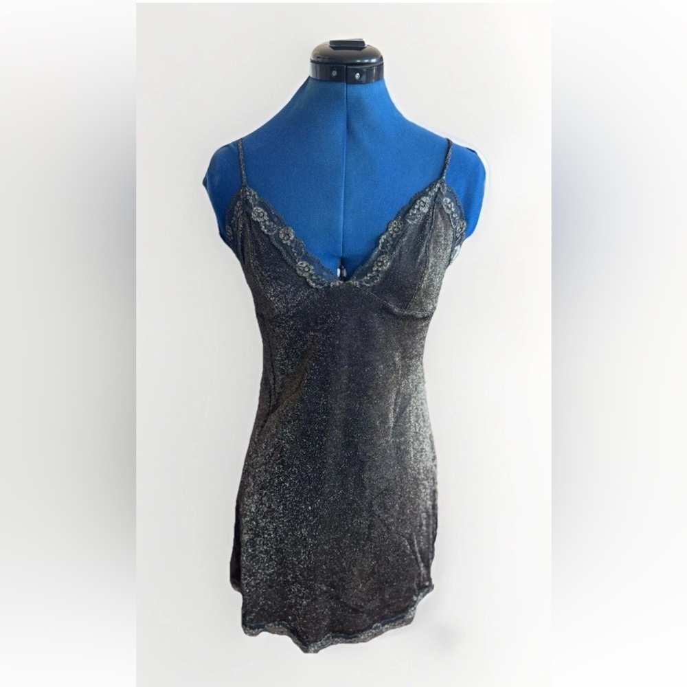 Vintage Victorias Secret Sparkly Glitter Black Gold Bratz Mini Slip Dress size M